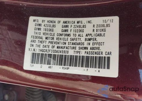 2013 Honda Accord Lx from USA, damaged, VIN 1HGCR2F30DA045909